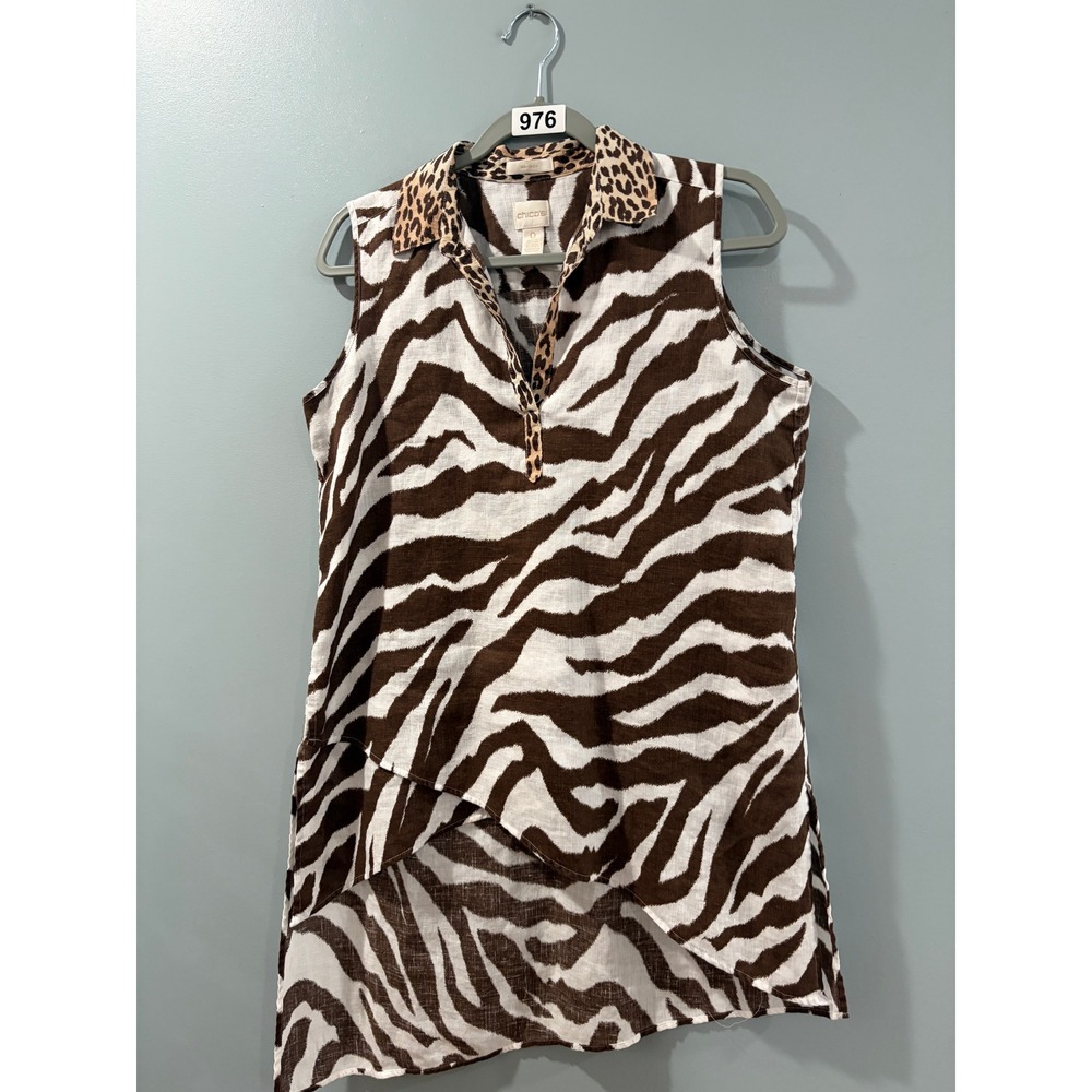 Chico's Women 0 Linen Zebra Leopard Print Sleeveless Tunic High-Low Top Brown